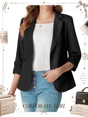 Slim Fit 3/4 Ruched Sleeve Blazer Lightweight Business Casual Jacket